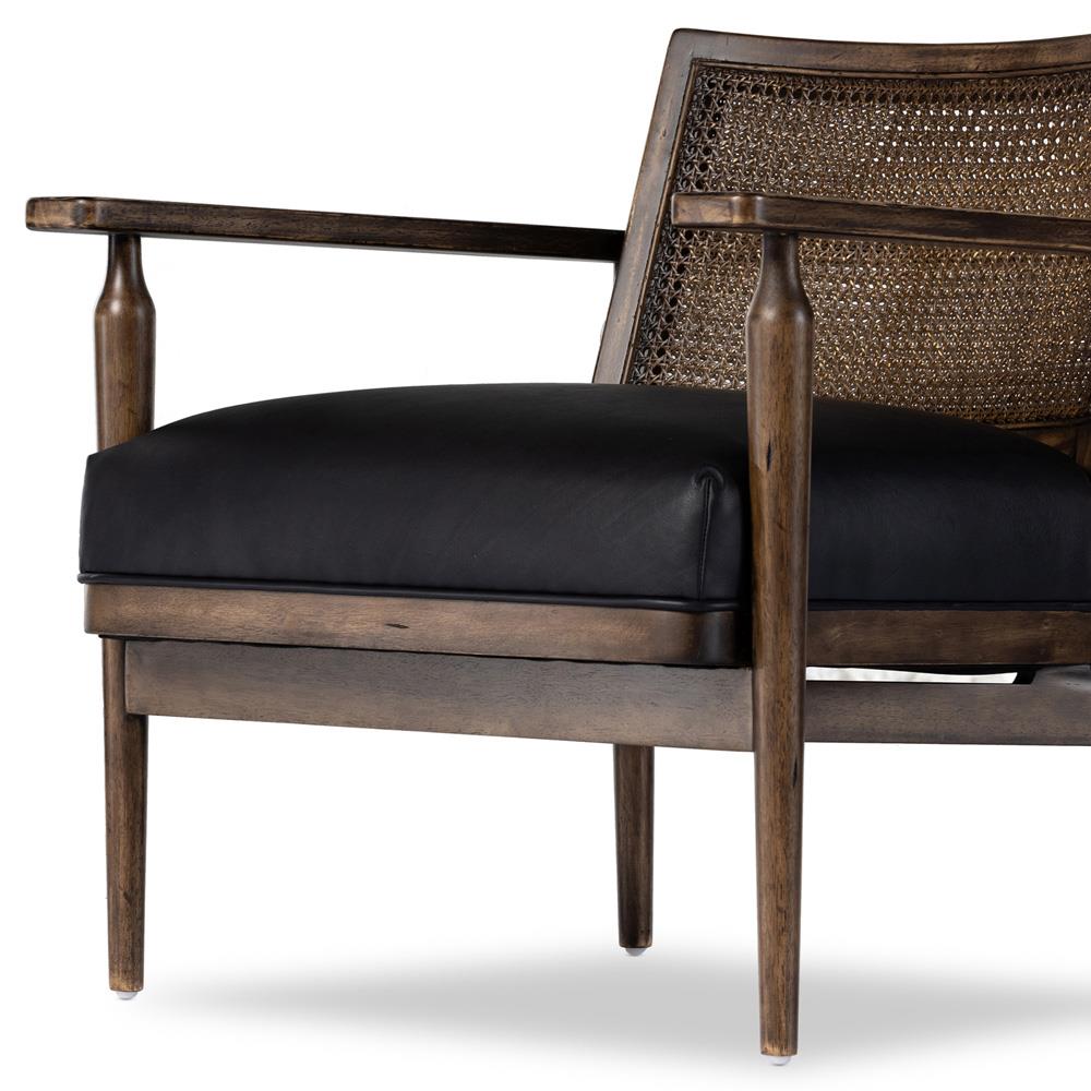 Xander Rustic Lodge Brown Woven Cane Black Leather Seat Occasional Arm Chair|