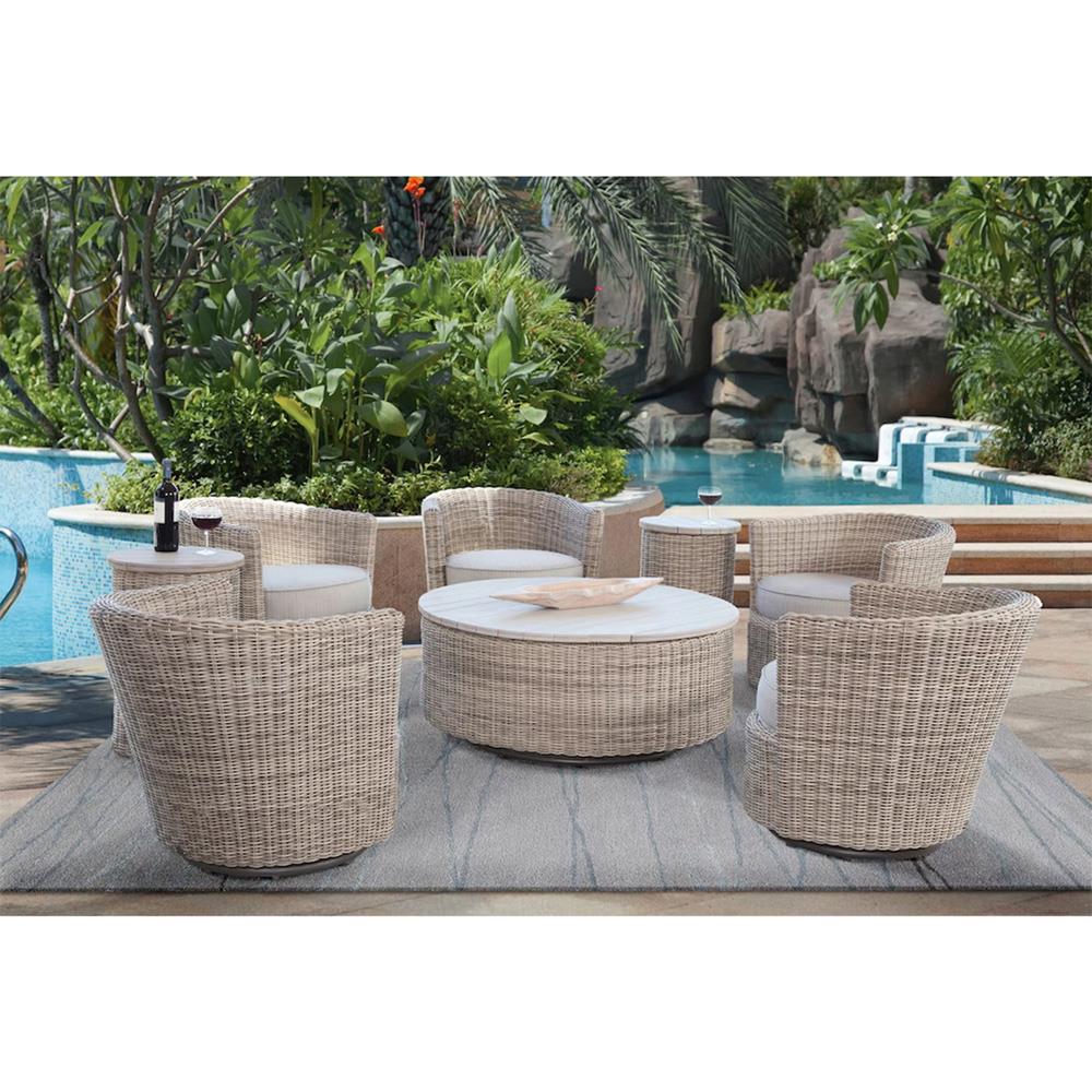 Noelani Off White Upholstered Brown Woven Wicker Outdoor Swivel Arm Chair|