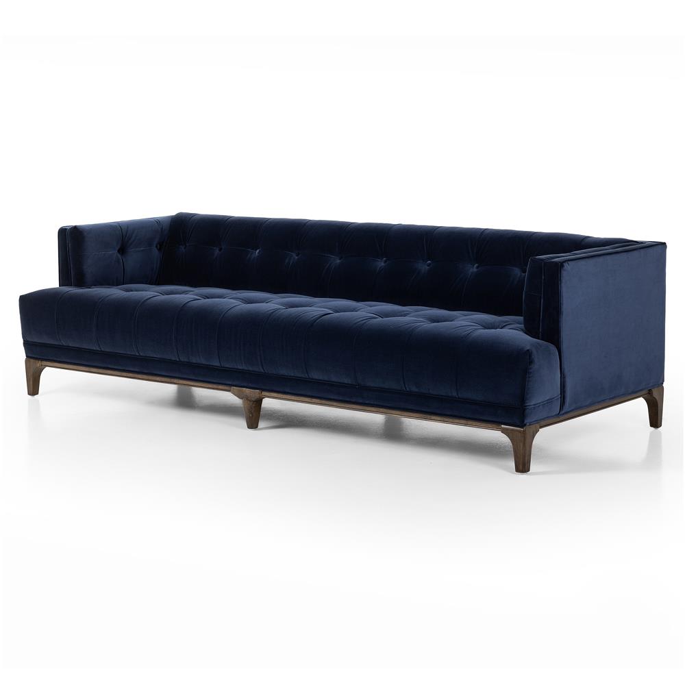 Allen Mid Century Navy Blue Velvet Brown Wood Frame Tufted
