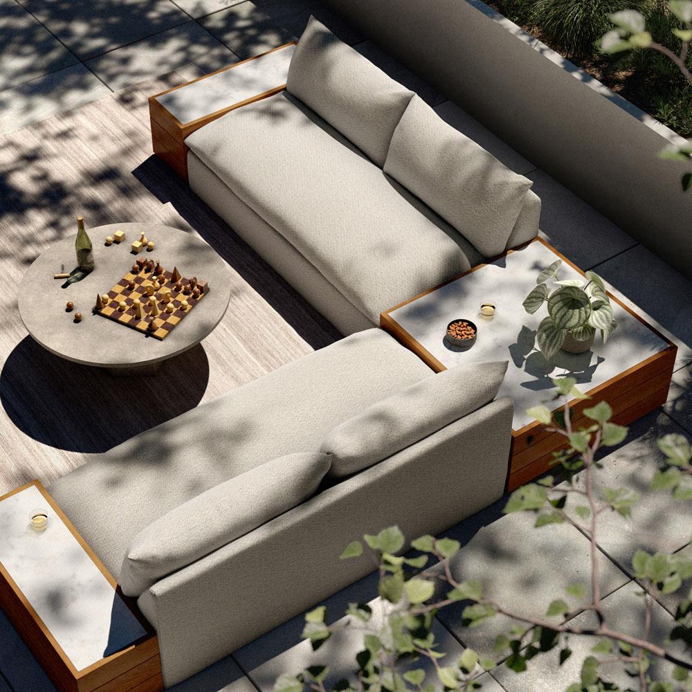 Cee Beige Upholstered Outdoor Sectional with End and Coffee Table - 127"Wx127"D|