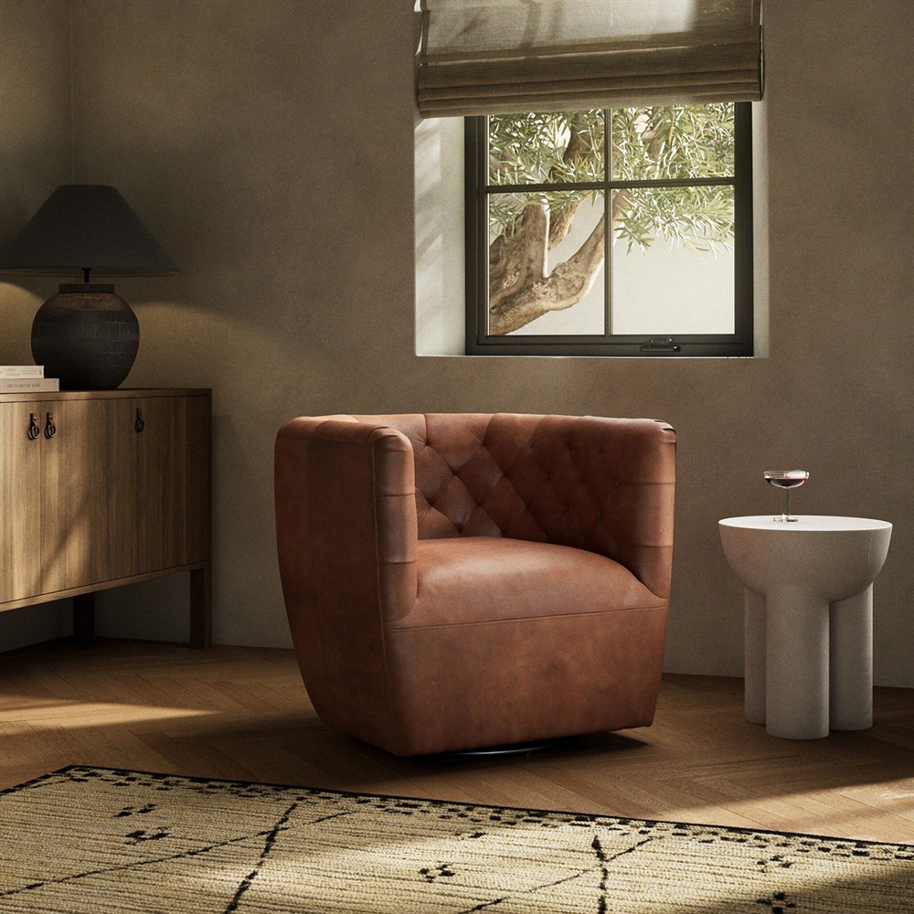 Harper Rustic Lodge Brown Leather Tufted Swivel Barrel Chair