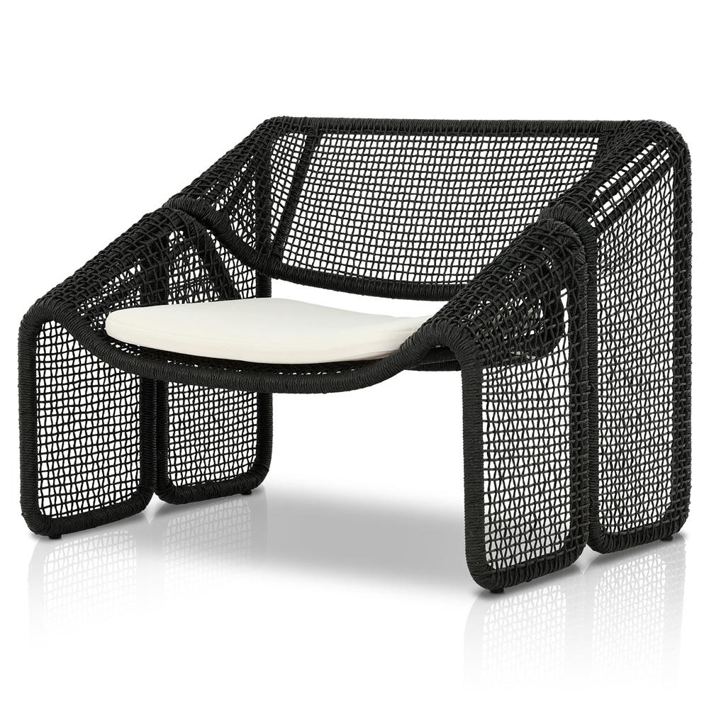 Lani Coastal Beach White Cushion Black Woven Wicker Outdoor Lounge Chair|