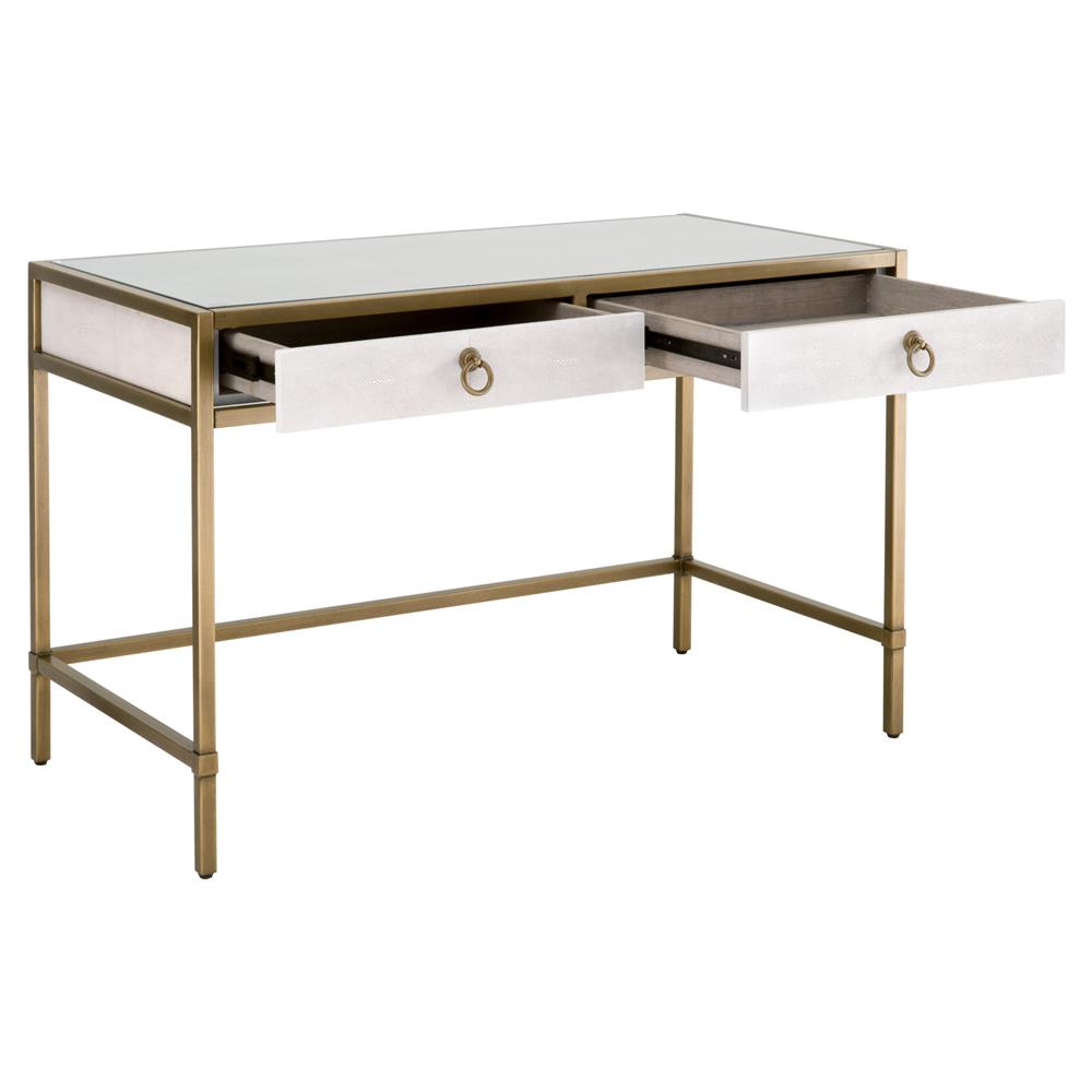 Simon Modern Pearl White Faux Shagreen Brushed Gold Metal 2 Drawer Desk|