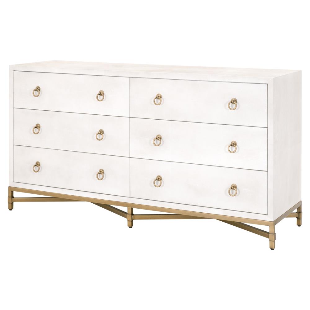 Simon Modern Pearl White Faux Shagreen Brushed Gold 6 Drawer Double Dresser|