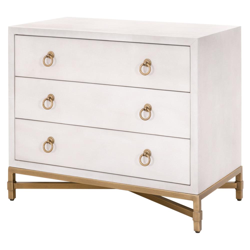 Simon Modern Pearl White Faux Shagreen Brushed Gold Metal 3 Drawer Nightstand|