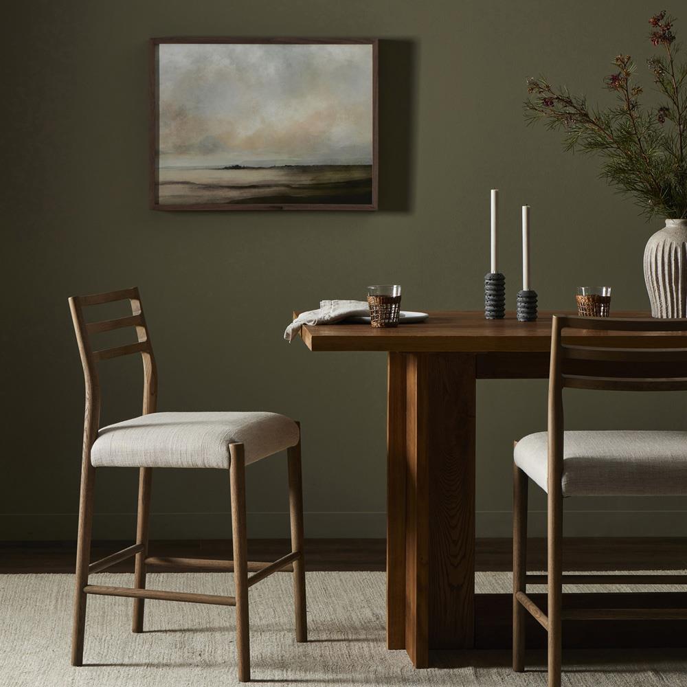 George Mid Century Modern Beige Upholstered Brown Solid Oak Counter Stool|