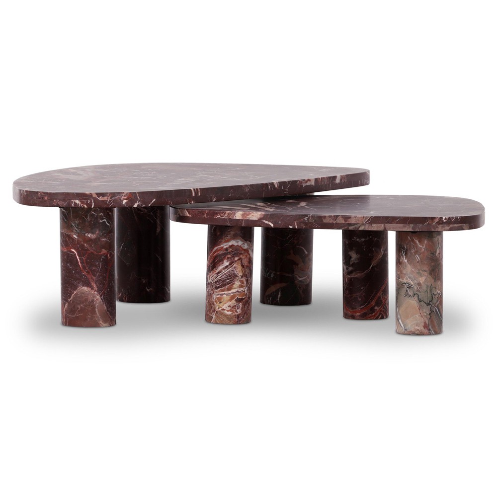 Zayden Modern Classic Merlot Red Solid Marble Coffee Nesting Tables|