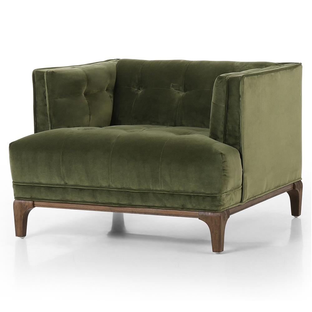 Allen Mid Century Green Velvet Upholstered Brown Wood Tufted Arm Chair|