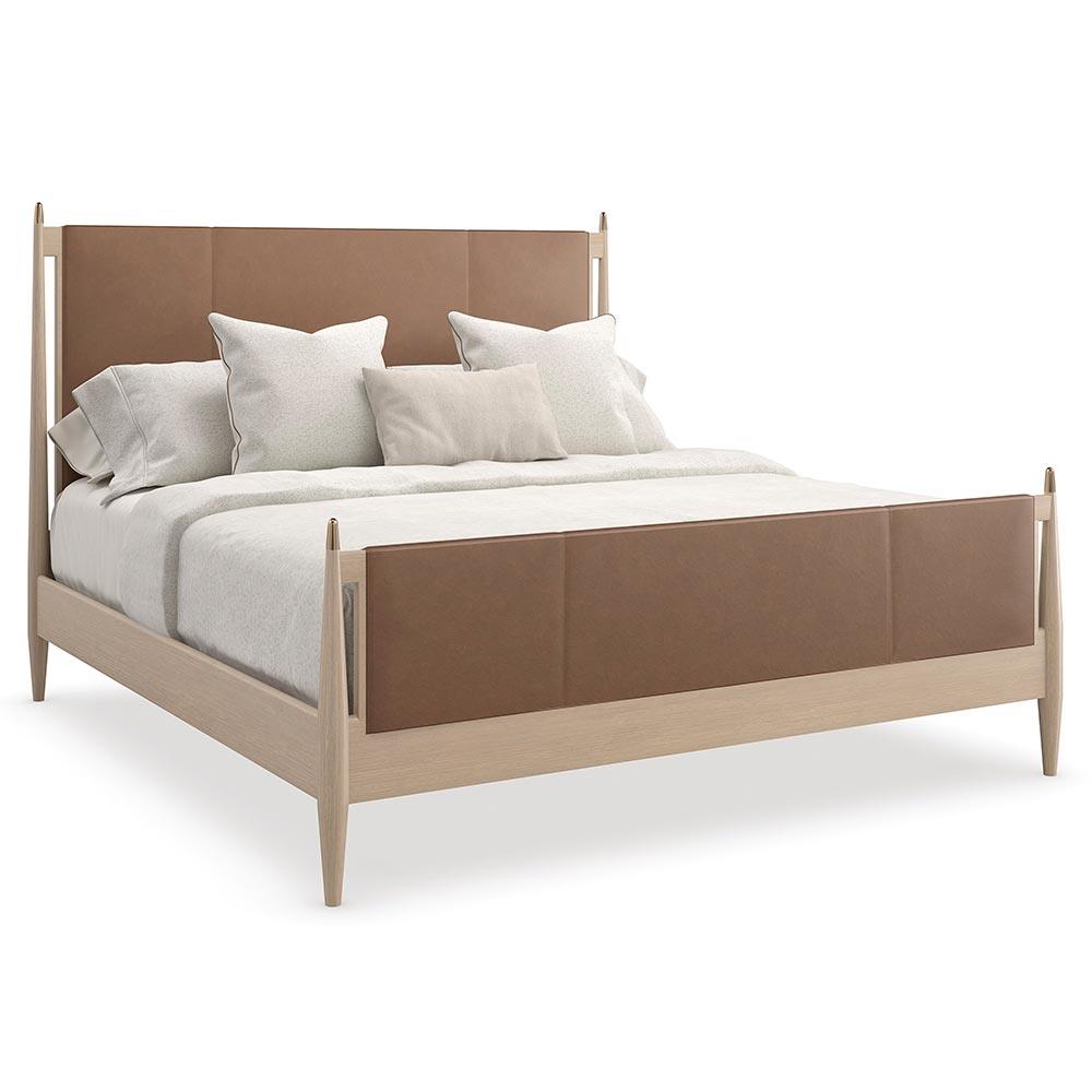 Adalyn Modern Classic Camel Upholstered Leather Beige Oak Bed - Queen|