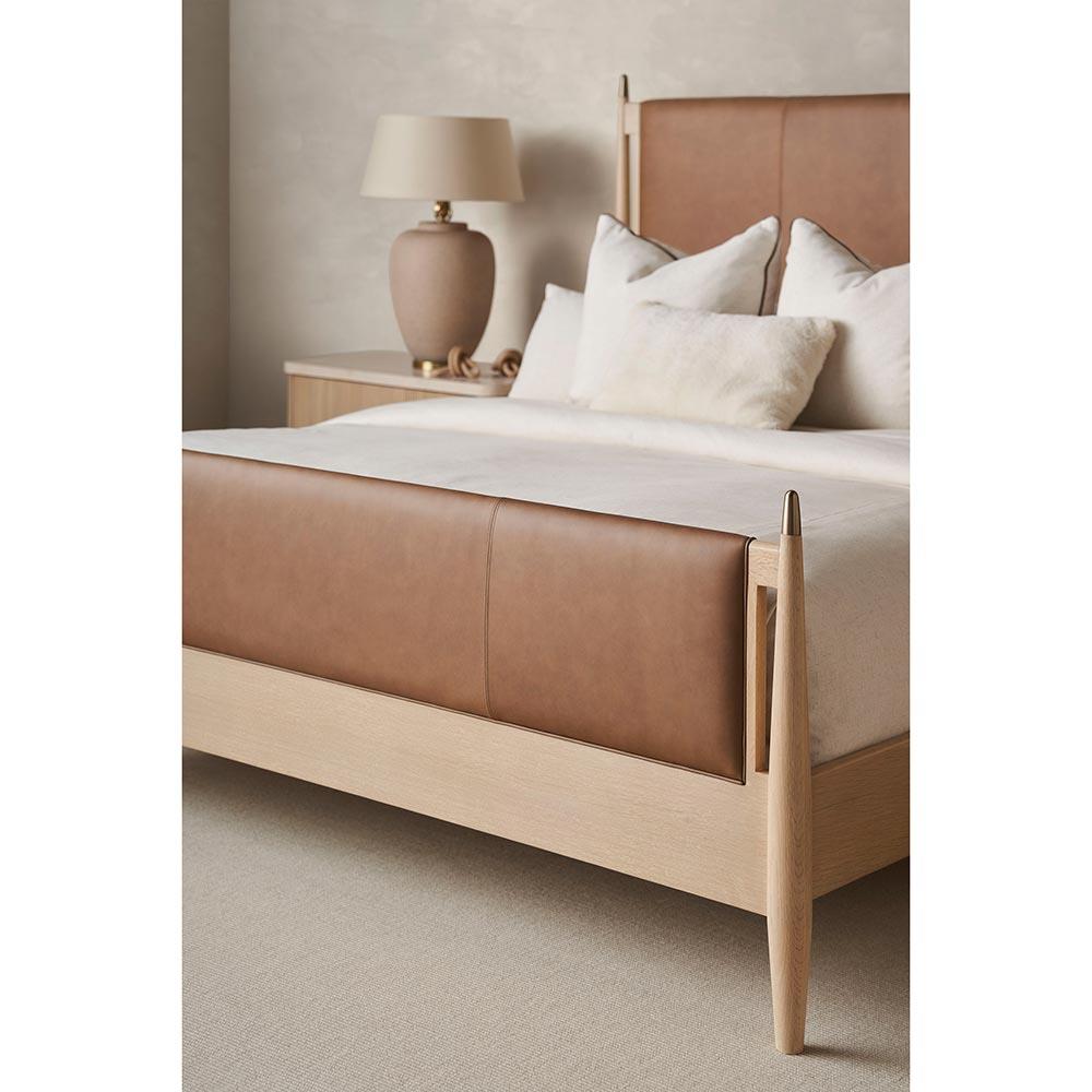 Adalyn Modern Classic Camel Upholstered Leather Beige Oak Bed - Queen|
