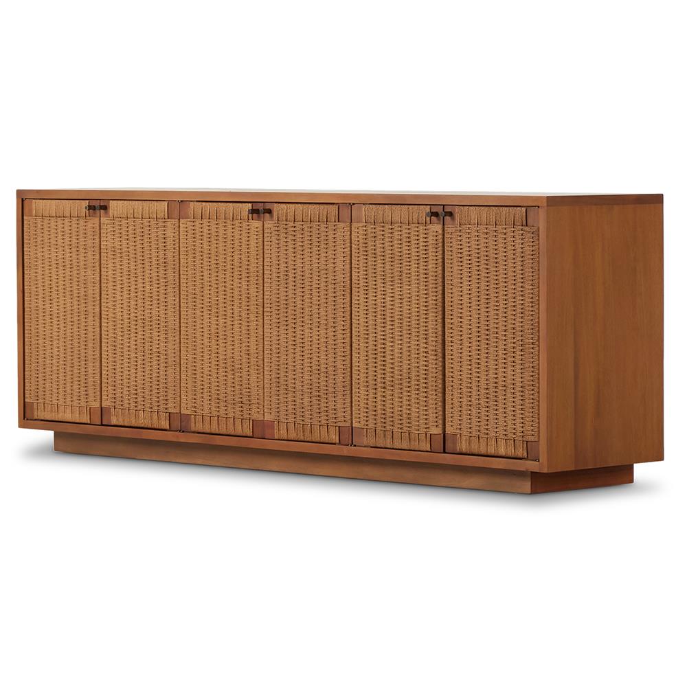 Alkin Mid Century Modern Brown Mahogany Wood Woven Doors Sideboard