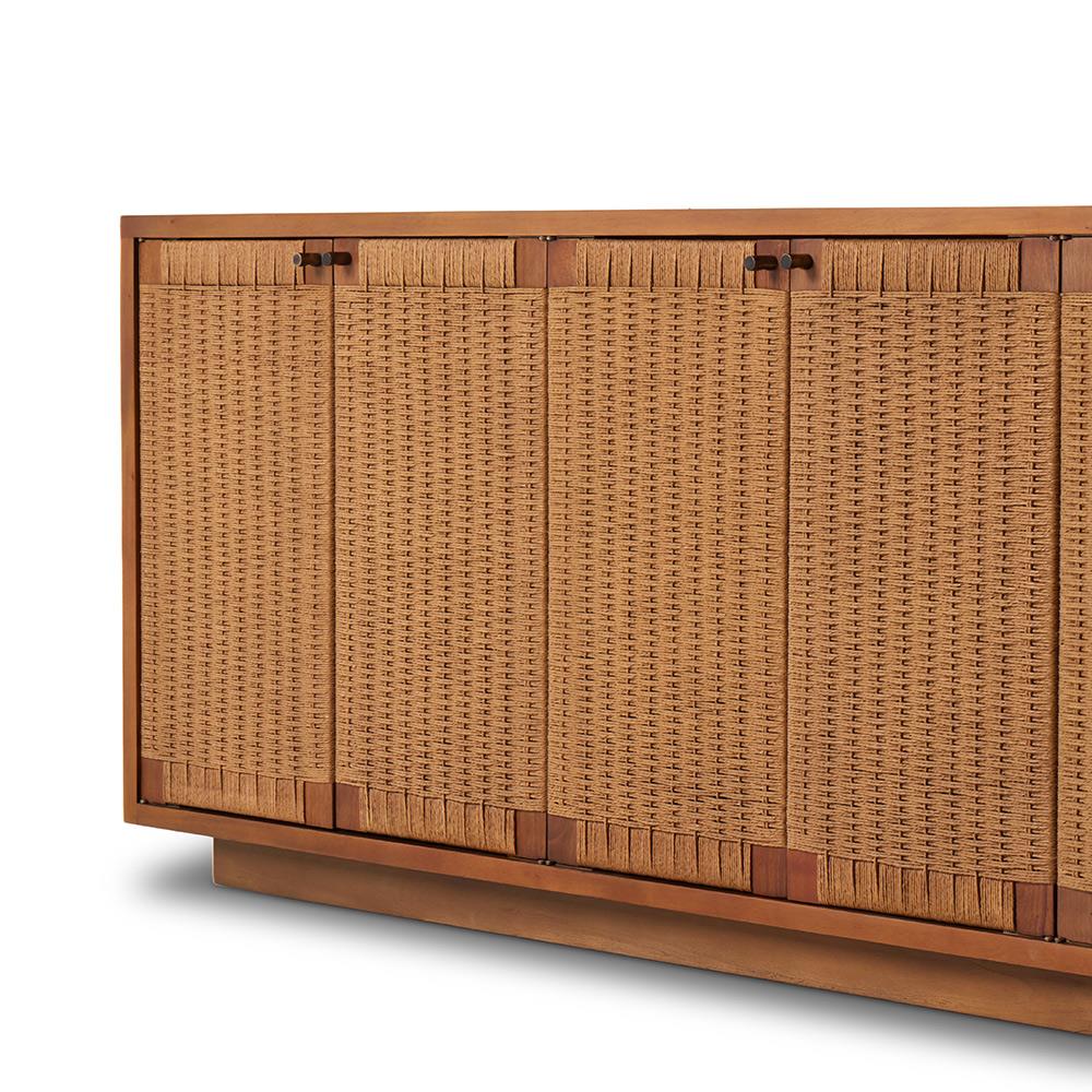 Alkin Mid Century Modern Brown Mahogany Wood Woven Doors Sideboard
