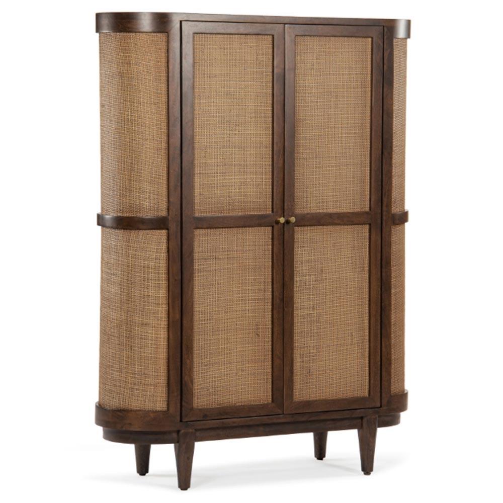Daphne Mid Century Dark Acacia Wood Woven Cane Rattan Bookcase|