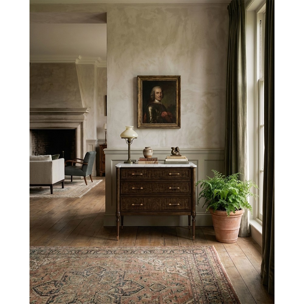 マイメロディ チェスト Melrose French Country White Marble Mink Brown Wood Bachelor Chest