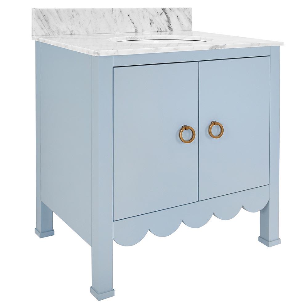 Worlds Away Kealey Modern Marble Blue Scalloped Wood Bath Vanity Sink - 31"|