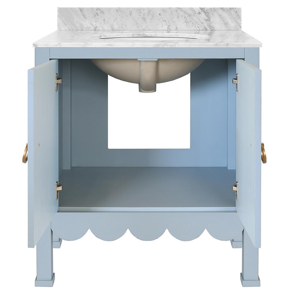 Worlds Away Kealey Modern Marble Blue Scalloped Wood Bath Vanity Sink - 31"|