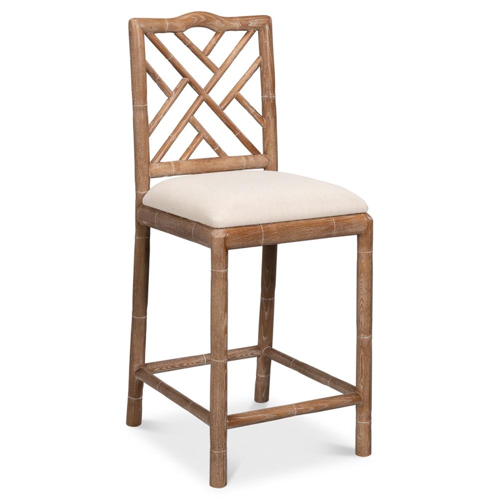 Grace Coastal Beach Beige Upholstered Linen Whitewash Ash Wood Counter Stool|