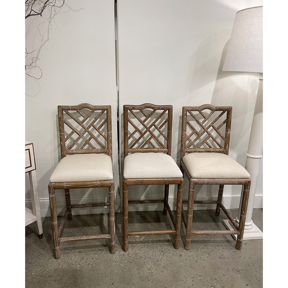 Grace Coastal Beach Beige Upholstered Linen Whitewash Ash Wood Counter Stool|