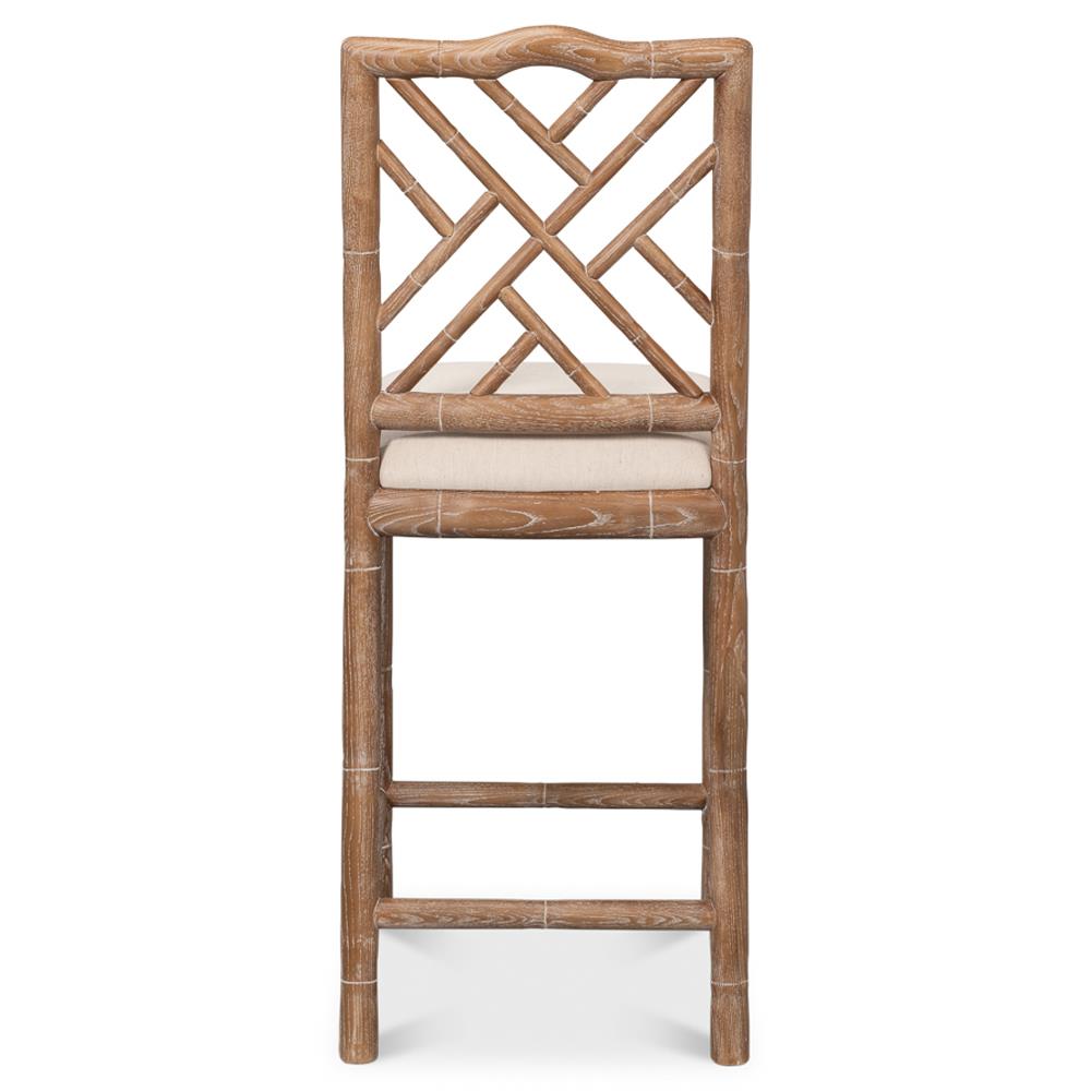 Grace Coastal Beach Beige Upholstered Linen Whitewash Ash Wood Counter Stool|