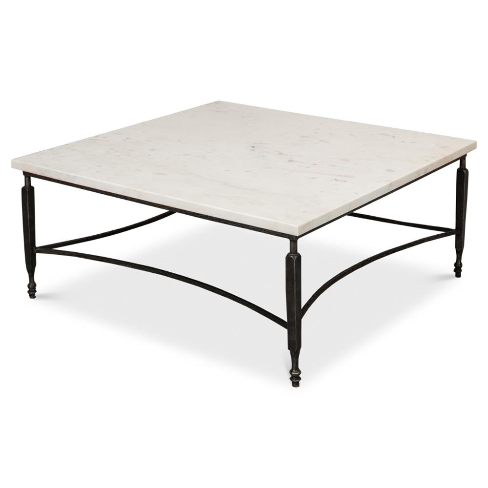 Elise French Country White Marble Black Iron Square Coffee