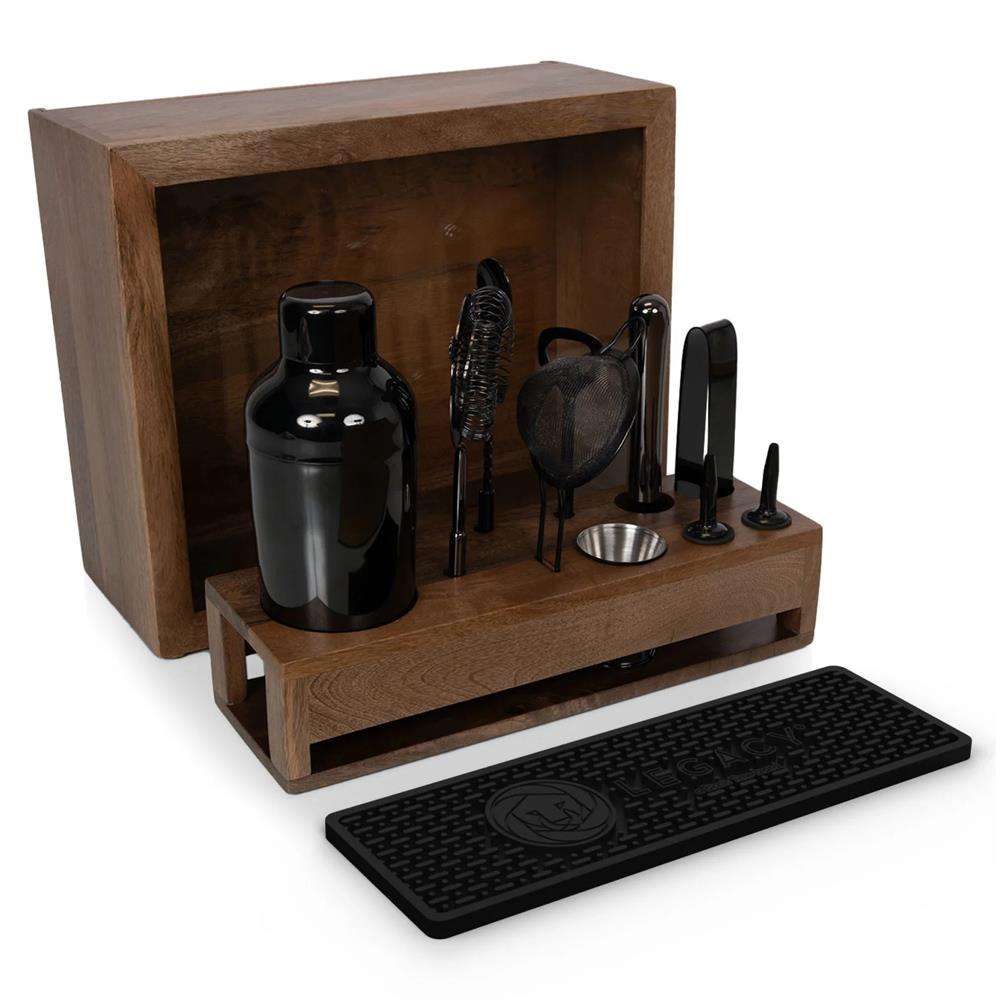Pierce Mid Century Brown Mango Wood Black Steel 10 Piece Old Fashioned Bar Set|