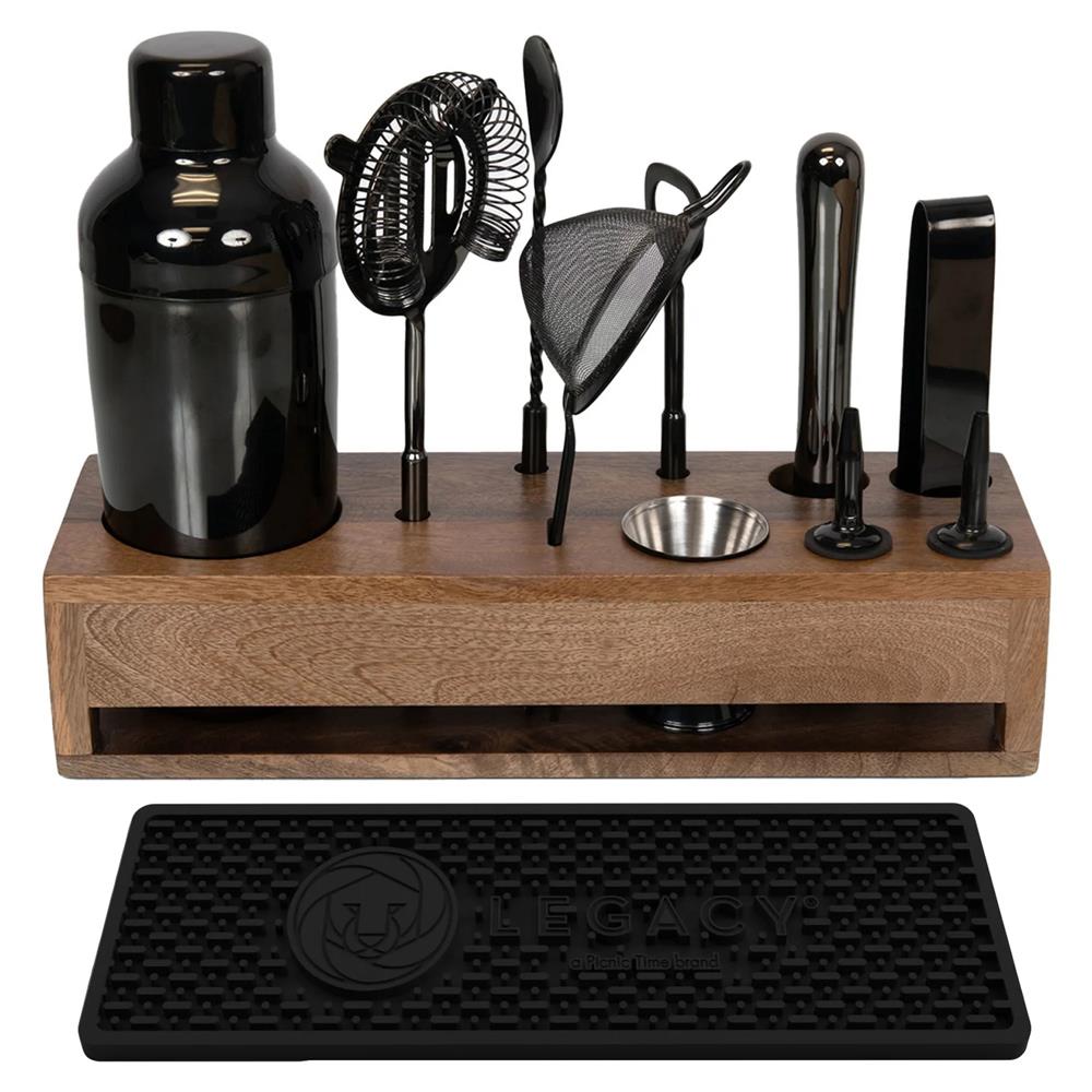 Pierce Mid Century Brown Mango Wood Black Steel 10 Piece Old Fashioned Bar Set|