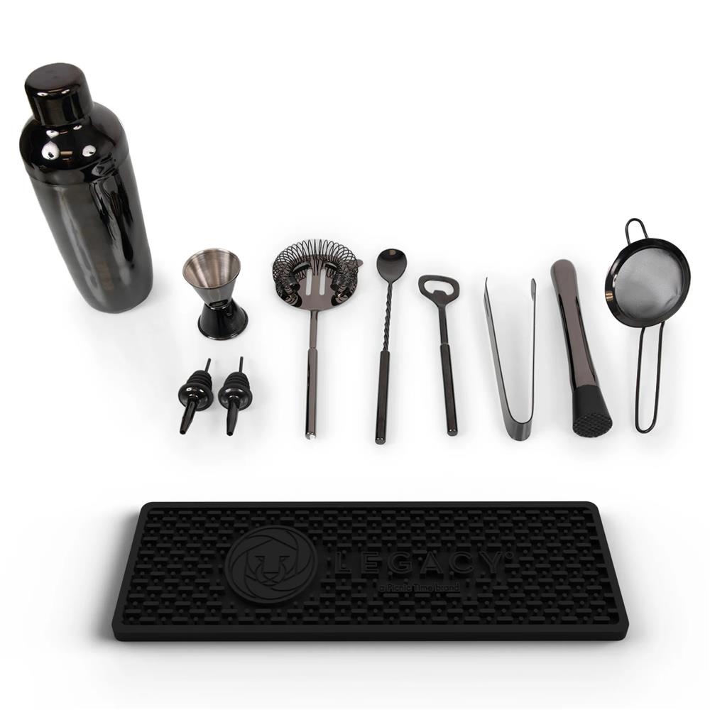 Pierce Mid Century Brown Mango Wood Black Steel 10 Piece Old Fashioned Bar Set|