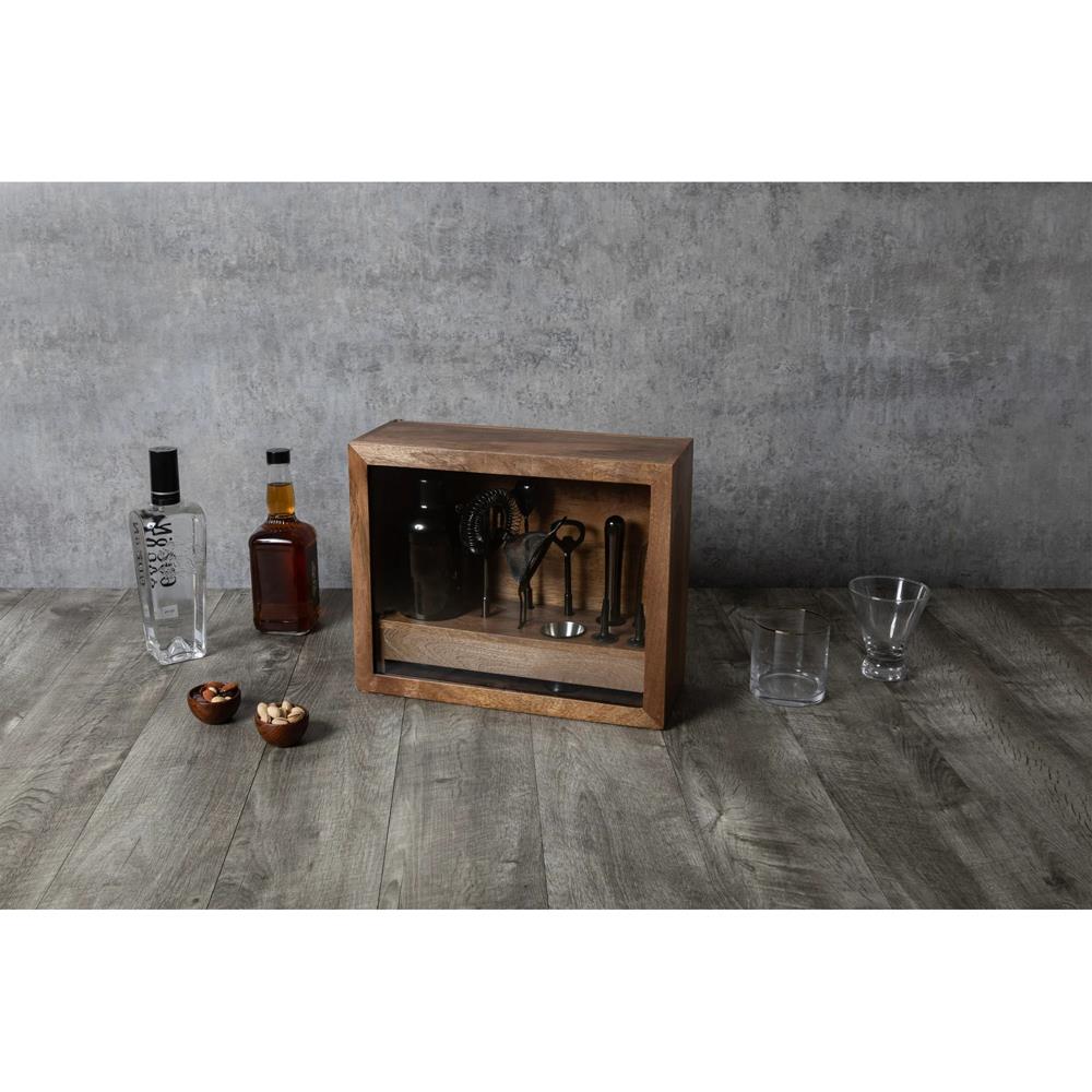 Pierce Mid Century Brown Mango Wood Black Steel 10 Piece Old Fashioned Bar Set|