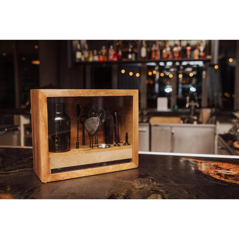 Pierce Mid Century Brown Mango Wood Black Steel 10 Piece Old Fashioned Bar Set|