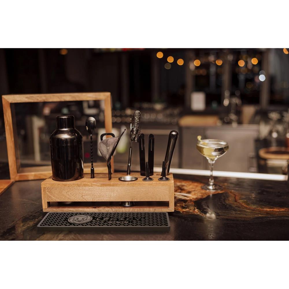 Pierce Mid Century Brown Mango Wood Black Steel 10 Piece Old Fashioned Bar Set|