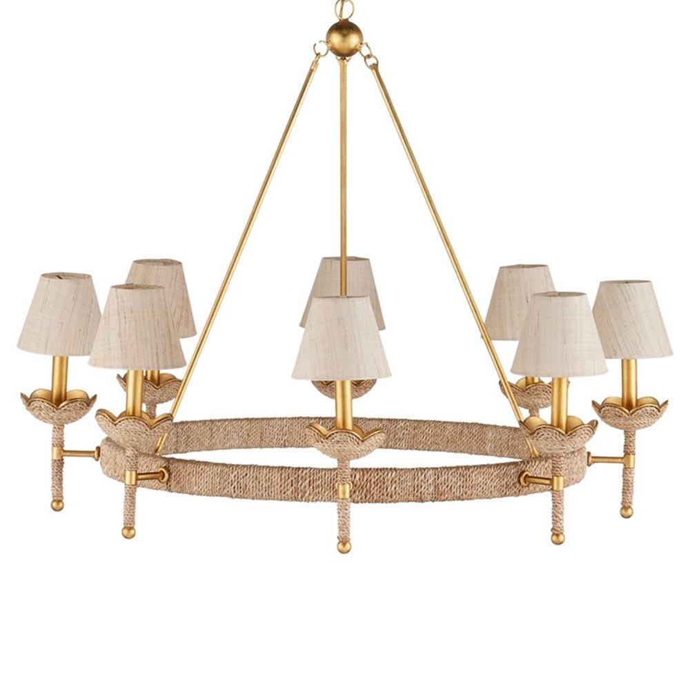 Bellatrix French Country Natural Woven Abaca Gold Iron Chandelier|