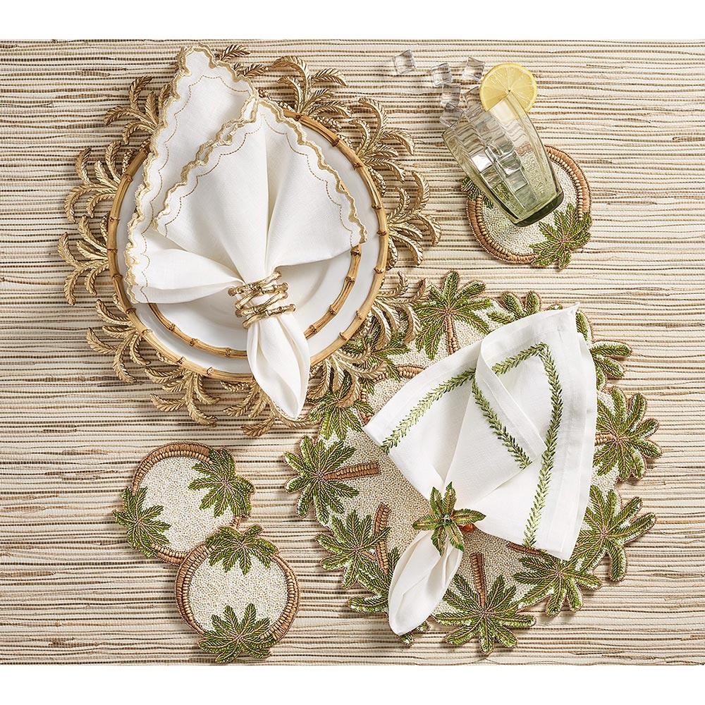 Oasis Global Brown Glass Beaded Green Palm Coaster - Set of 4|