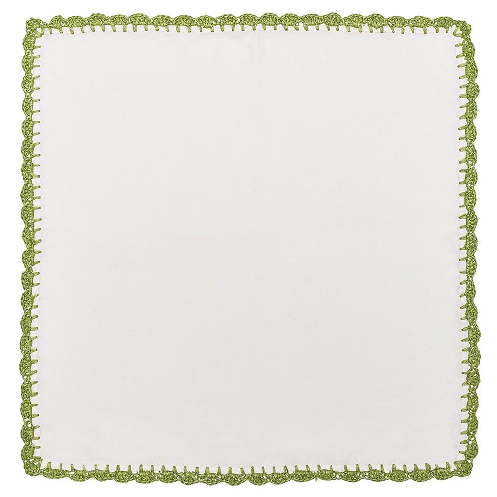 Ida Shell Edge Coastal White Linen Green Raffia Trim Napkin - Set of 4|