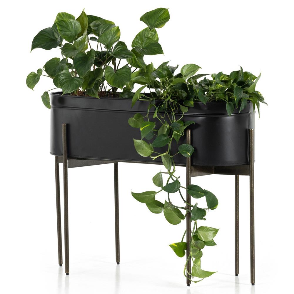 Jared Industrial Loft Black Iron Brass Base Oval Outdoor Planter|