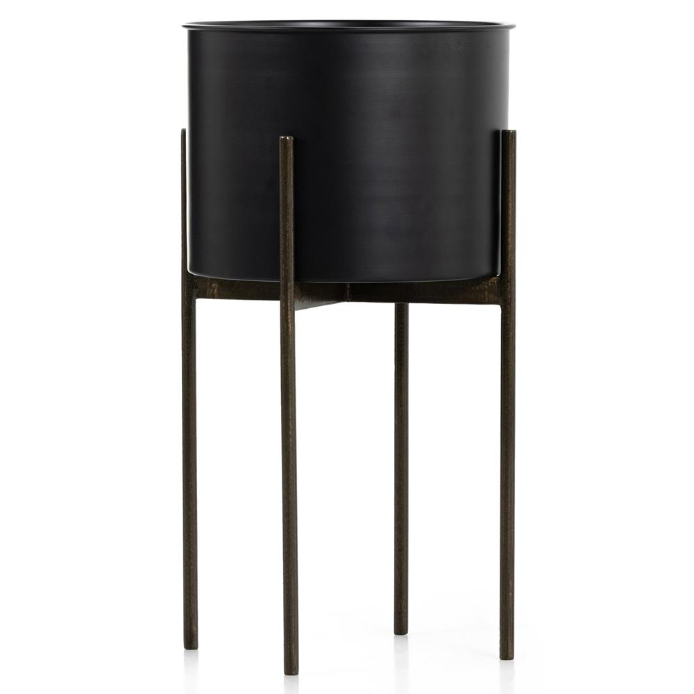 Jared Industrial Loft Black Iron Brass Base Round Outdoor Planter - Small|