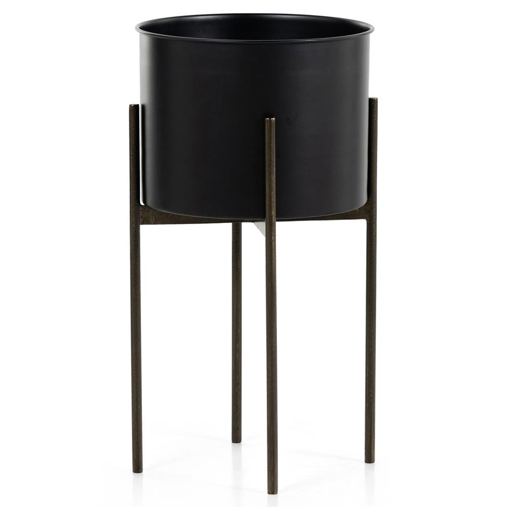 Jared Industrial Loft Black Iron Brass Base Round Outdoor Planter - Small|