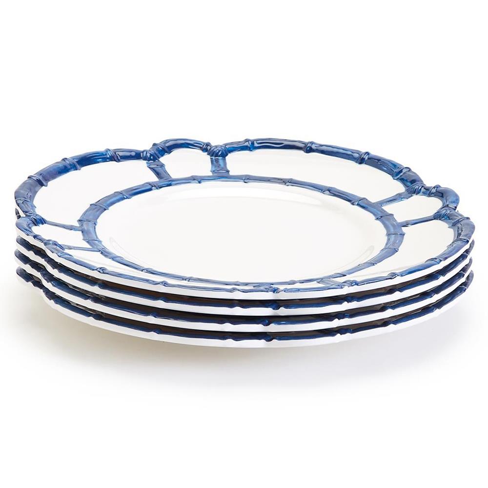 Adrienne Coastal Beach Blue Bamboo Rim White Melamine Dinner Plate