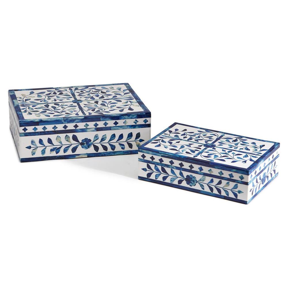 Adeline French Country Blue Floral Bone White Resin Decorative Box - Set of 2|