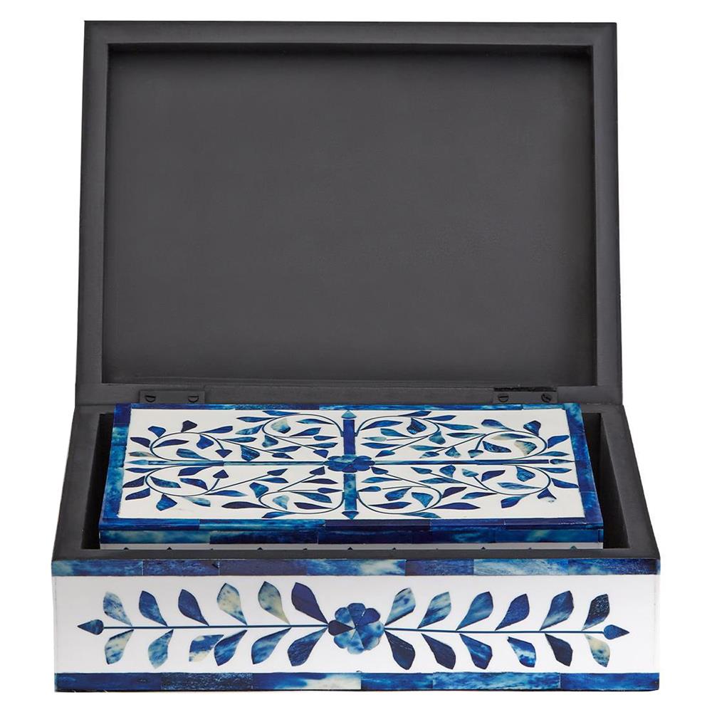 Adeline French Country Blue Floral Bone White Resin Decorative Box - Set of 2|