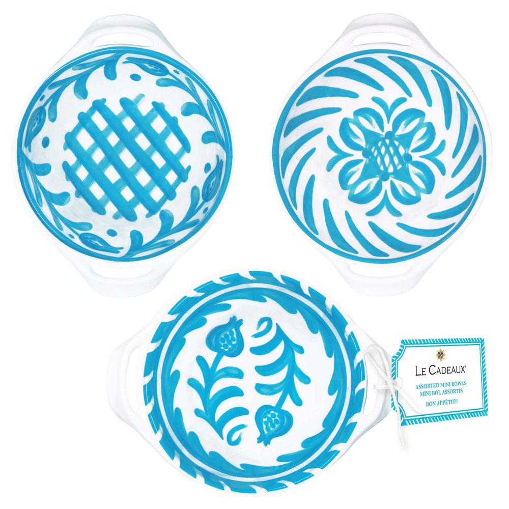 Sicily Global Teal Melamine Floral Mini Handled Bowl - Set of 3|