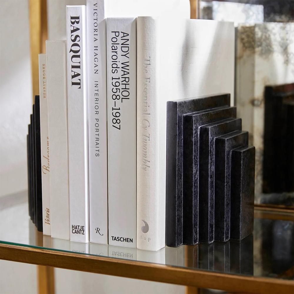 Elroe Modern Classic Black Marble Paneled Bookends|