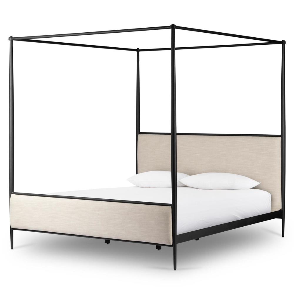 Isabella Modern Classic Cream Upholstered Black Iron Canopy Bed - Queen|