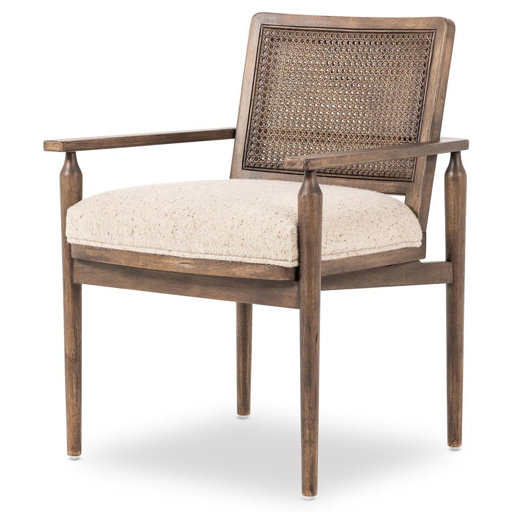 Xander Rustic Lodge Brown Woven Cane Taupe Upholstered Linen Dining Arm Chair|