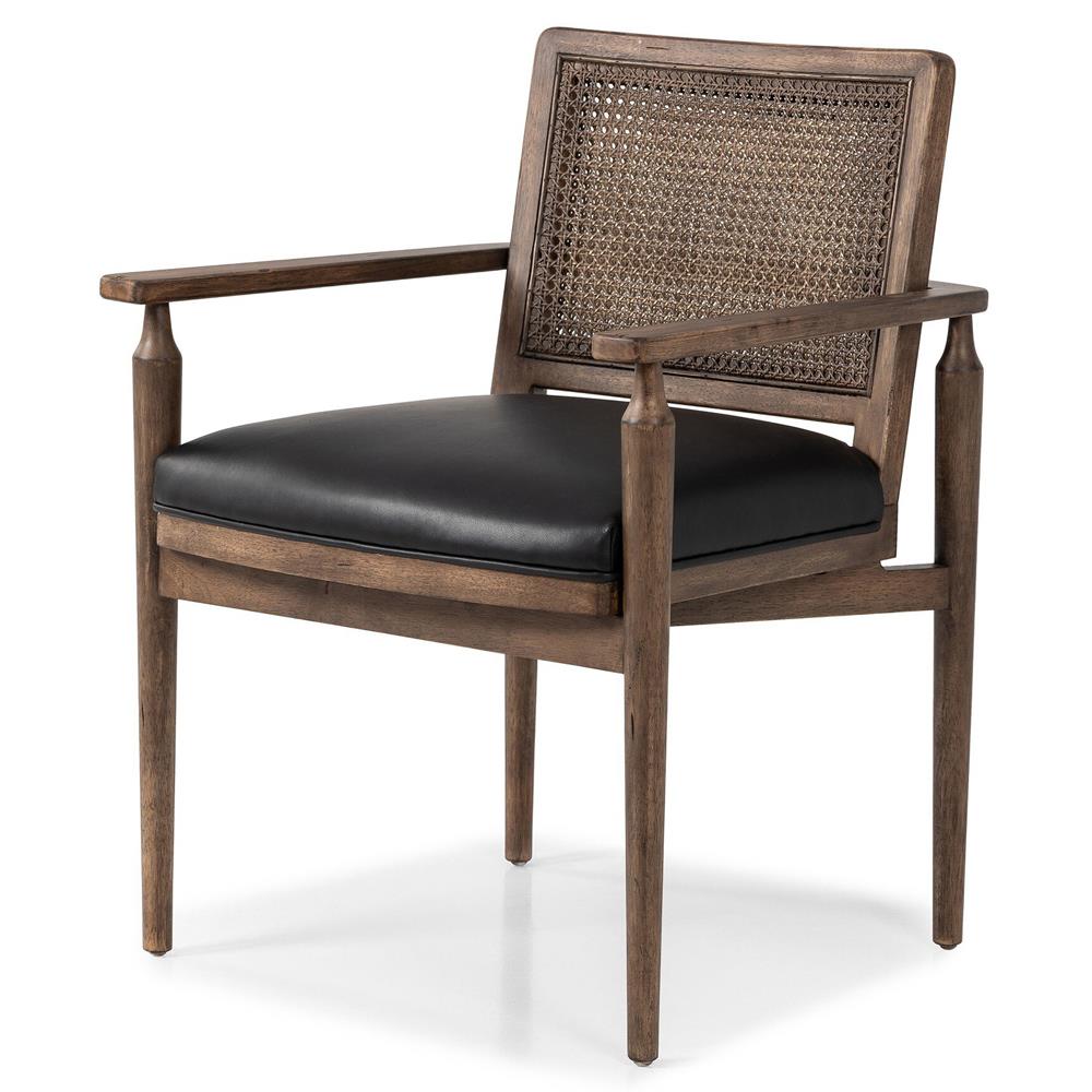 Xander Rustic Lodge Brown Woven Cane Black Upholstered Leather Dining Arm Chair|