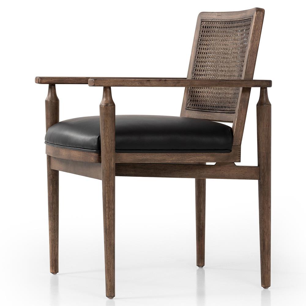 Xander Rustic Lodge Brown Woven Cane Black Upholstered Leather Dining Arm Chair|