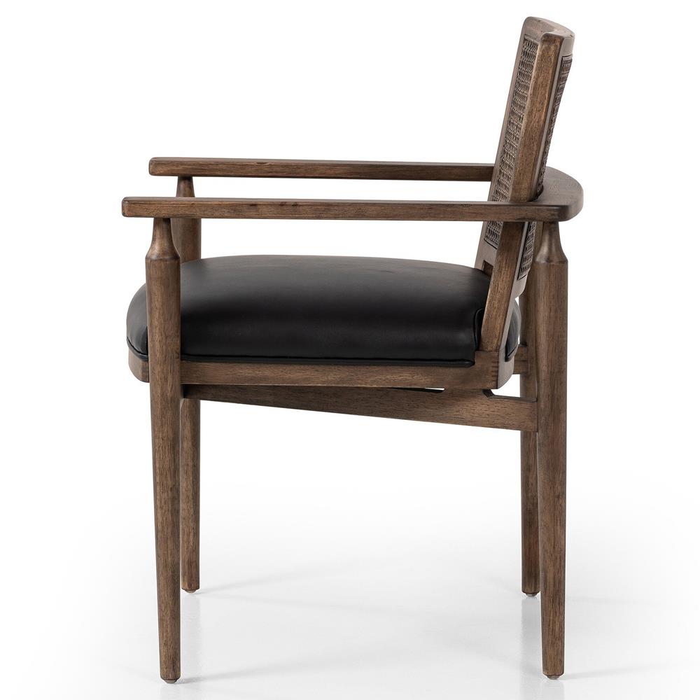 Xander Rustic Lodge Brown Woven Cane Black Upholstered Leather Dining Arm Chair|