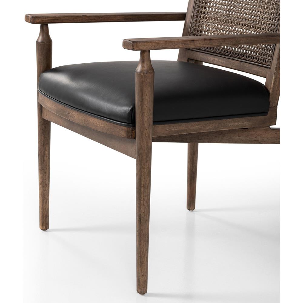 Xander Rustic Lodge Brown Woven Cane Black Upholstered Leather Dining Arm Chair|