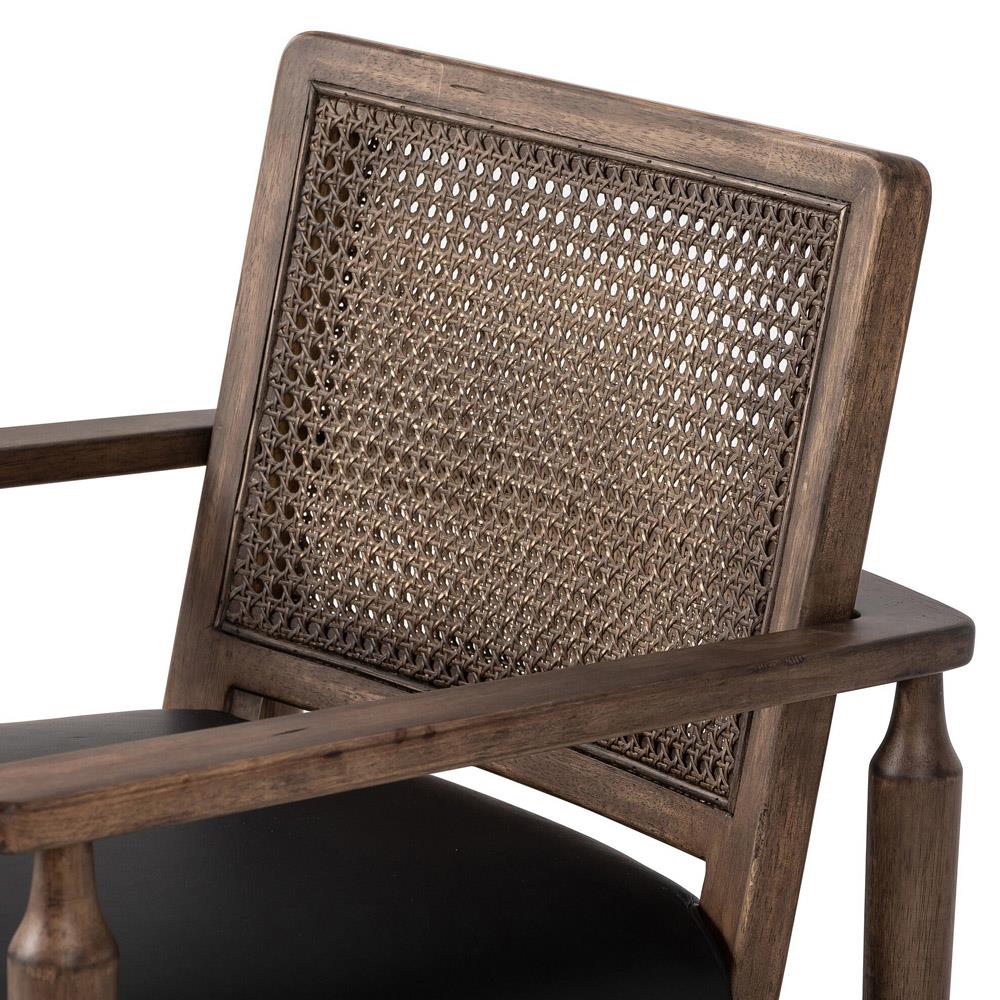 Xander Rustic Lodge Brown Woven Cane Black Upholstered Leather Dining Arm Chair|