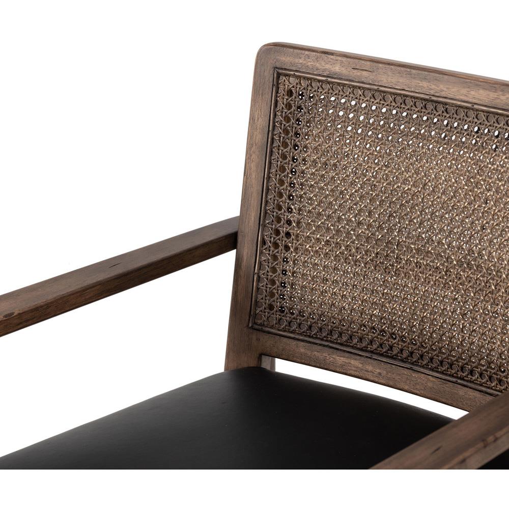 Xander Rustic Lodge Brown Woven Cane Black Upholstered Leather Dining Arm Chair|