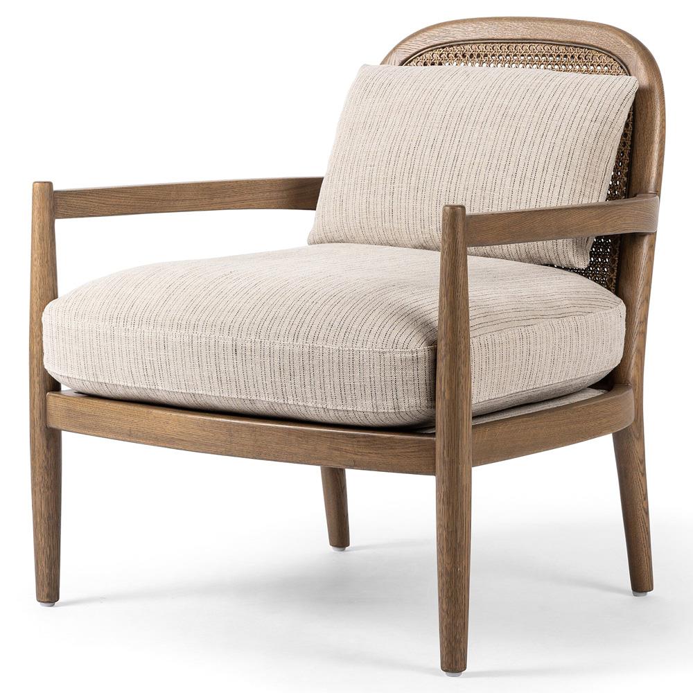 Sarah Coastal Beach Beige Stripe Woven Cane Oak Arm Chair|
